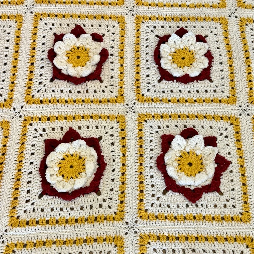 VTG Crochet Granny‎ Square Blanket 3D Floral Throw 48x50 Cottagecore Boho Retro